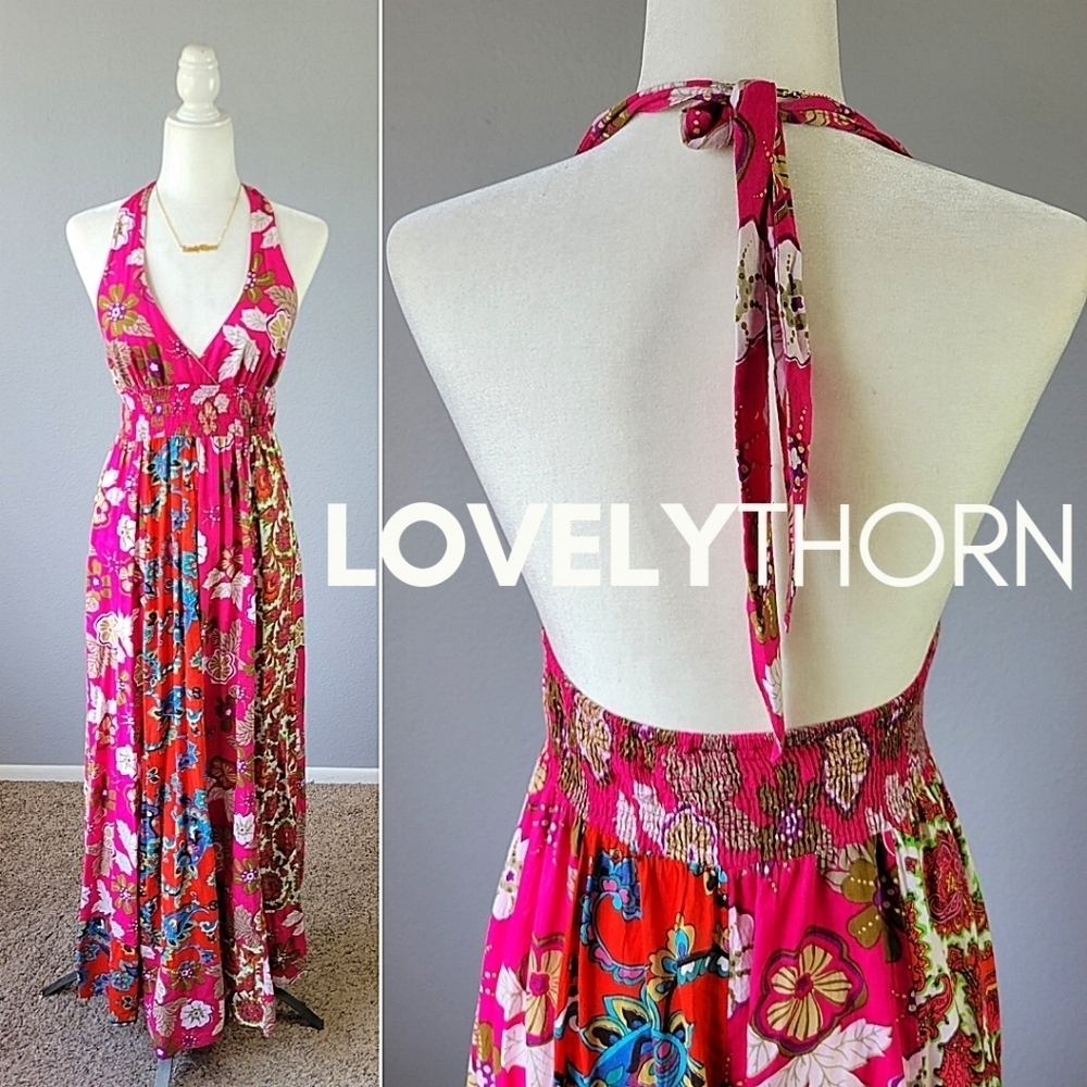 ROMEO+JULIET COUTURE // floral plunge halter smocked waist open back maxi dress